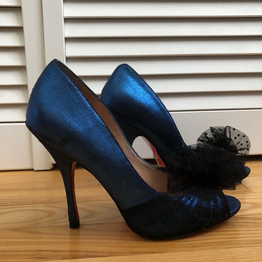 Betsey Johnson Bonnie Electric Blue Polka Dot Tulle Peep Toe Heels Sz 7.5 - Picture 7 of 8